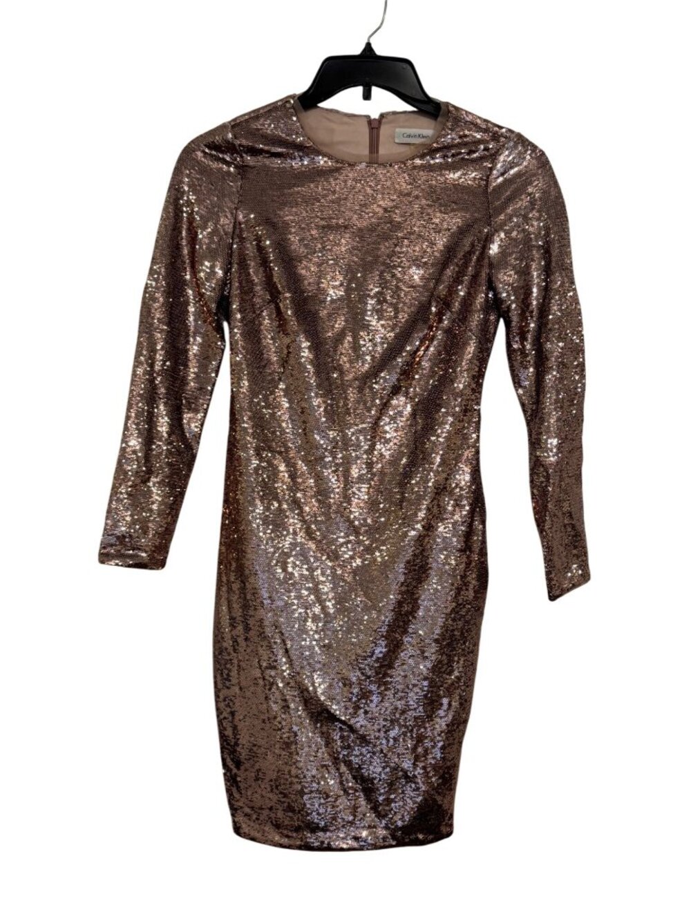 Calvin Klein Womens Rose Gold Sequin Sheath Dress Size 2 Long Sleeve